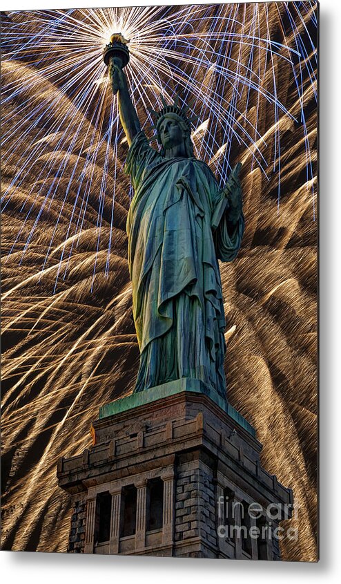 Statue Of Liberty Metal Print featuring the photograph Liberty Fireworks by Steve Purnell