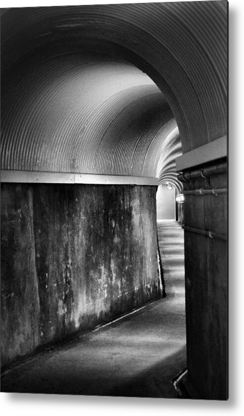 Tunnel Metal Print featuring the photograph Lights at the End of the Tunnel in Black and White by Nadalyn Larsen