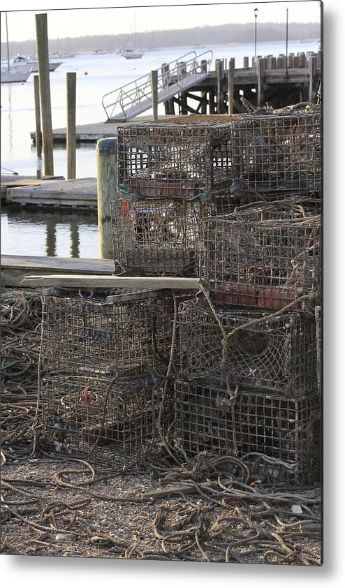 Lobster Pots Northport New York. Northport Dock Metal Print featuring the photograph Lobster Pots Northport New York by Susan Jensen