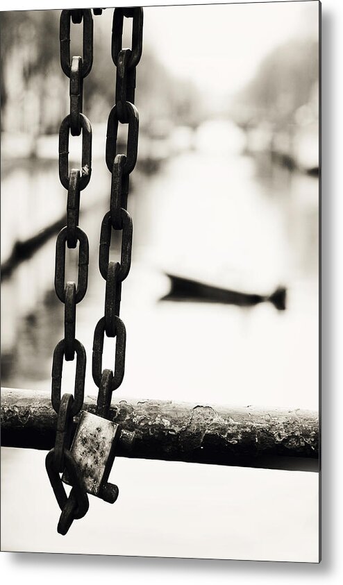 Netherlands Metal Print featuring the photograph Locked. Amsterdam Canal. Trash Sketches from Amsterdam by Jenny Rainbow