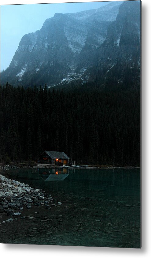 Lake Loise Metal Print featuring the photograph Log Cabin by the Lake by Pierre Leclerc Photography