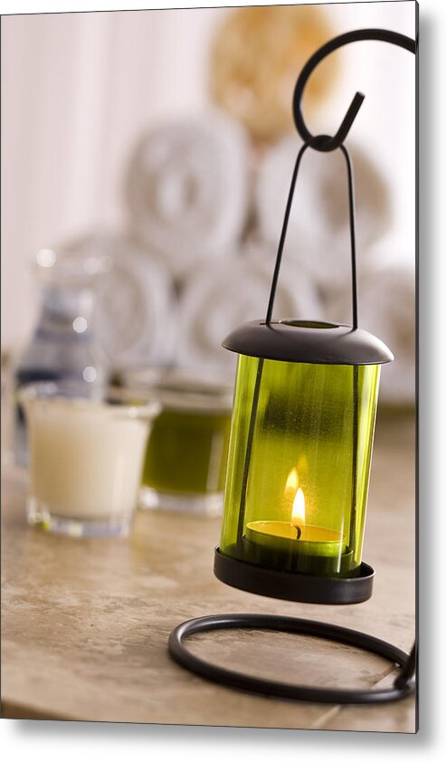 Tranquility Metal Print featuring the photograph Lotions, candle, and towels by Comstock Images