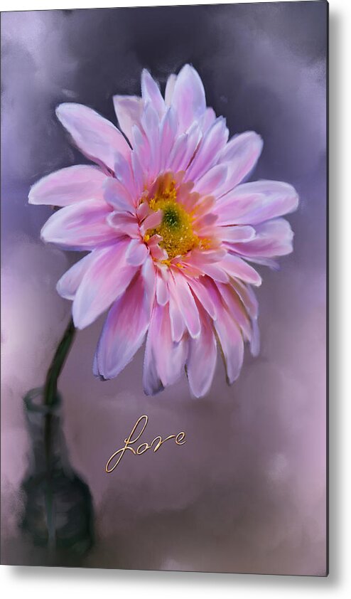 Pink Flower. Valentine Flower Greeting Card. Green Stem In Old Bottle Vase. Texture. Canvas. Photography. Fine Art. Print. Poster. Greeting Card. Valentines Greeting Card. Digital Art. Painting. Phone Case. Metal Print featuring the painting Love by Mary Timman