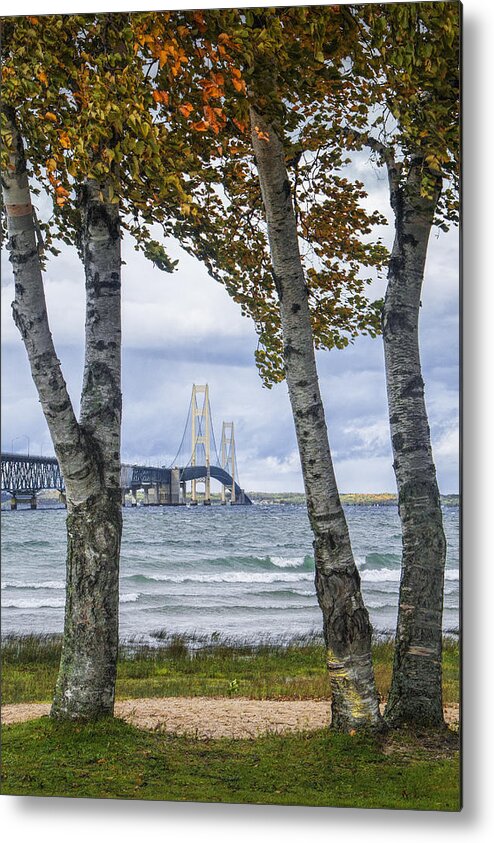 Art Metal Print featuring the photograph Mackinaw Bridge in Autumn by the Straits of Mackinac by Randall Nyhof