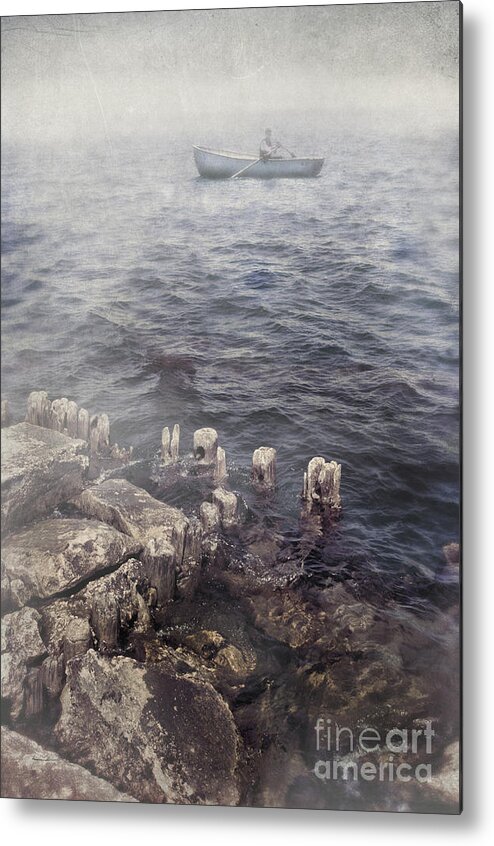 Man Metal Print featuring the photograph Man in Row Boat on Foggy Sea by Jill Battaglia