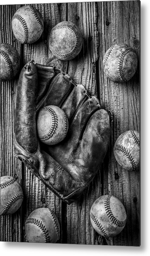 Old Metal Print featuring the photograph Many Baseballs In Black and White by Garry Gay