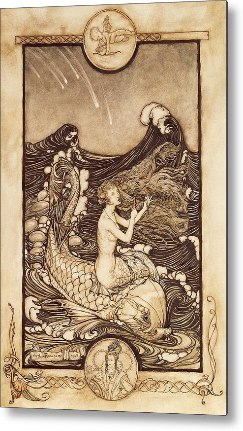 Shakespeare Metal Print featuring the drawing Mermaid And Dolphin From A Midsummer Nights Dream by Arthur Rackham