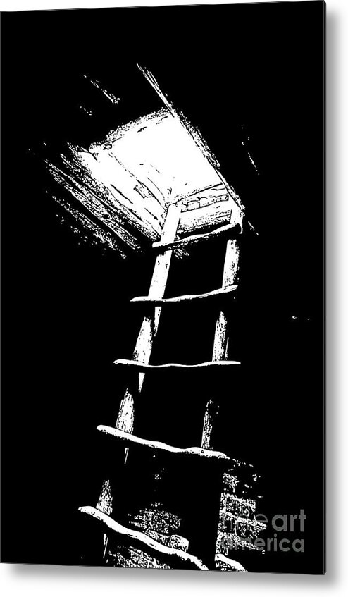 Mesa Verde Metal Print featuring the digital art Mesa Verde National Park Spruce Tree house Kiva Ladder Black and White Stamp by Shawn O'Brien