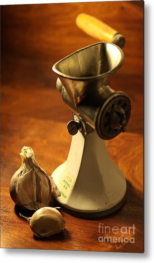 Grinder Metal Print featuring the photograph Mince Grinder with Garlic by Joy Watson