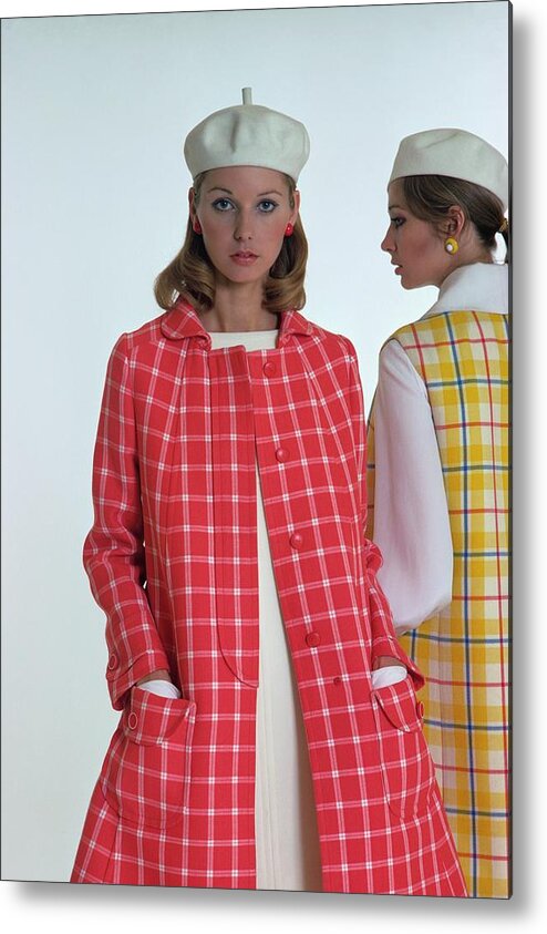 Fashion Metal Print featuring the photograph Models Wearing Checked Ungaro Parallele Coats by William Connors