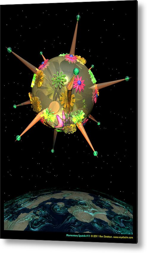 3d Art: 3d Art; Abstract: Color; Abstract: Geometric; Science Fiction & Fantasy: Space Metal Print featuring the digital art Momentary Sputnik 11 by Ann Stretton