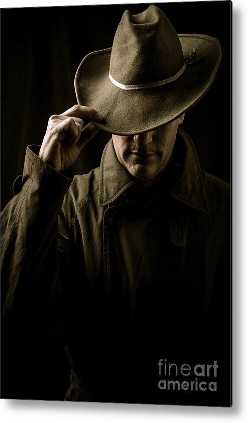 Dark Metal Print featuring the photograph Mysterious man in hat and trench coat by Edward Fielding
