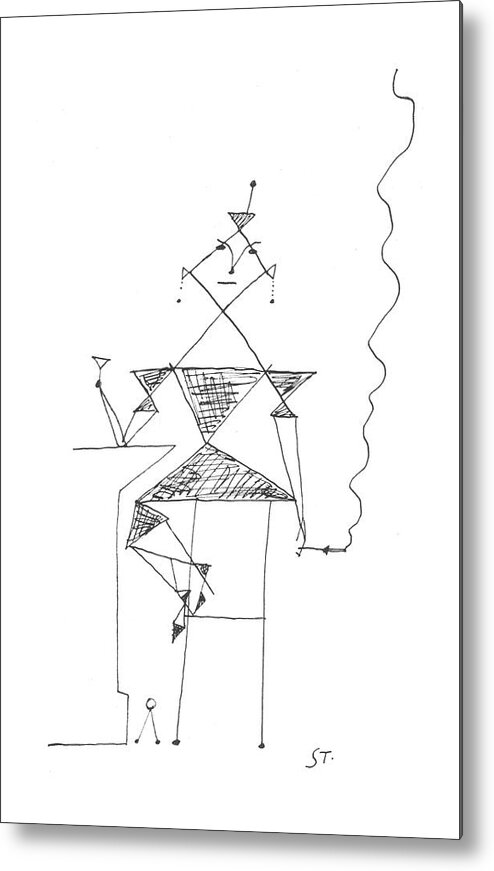 92982 Sst Saul Steinberg (woman Setting On A Bar Stool.) Abstract Alcohol Bar Cigarette Cigarettes Cocktail Cocktails Drawing Drink Earring Earrings Glass Interpretation Line Lines Martini Setting Smoke Smoking Spot Sstoon Stool Woman Metal Print featuring the drawing New Yorker March 16th, 1957 by Saul Steinberg