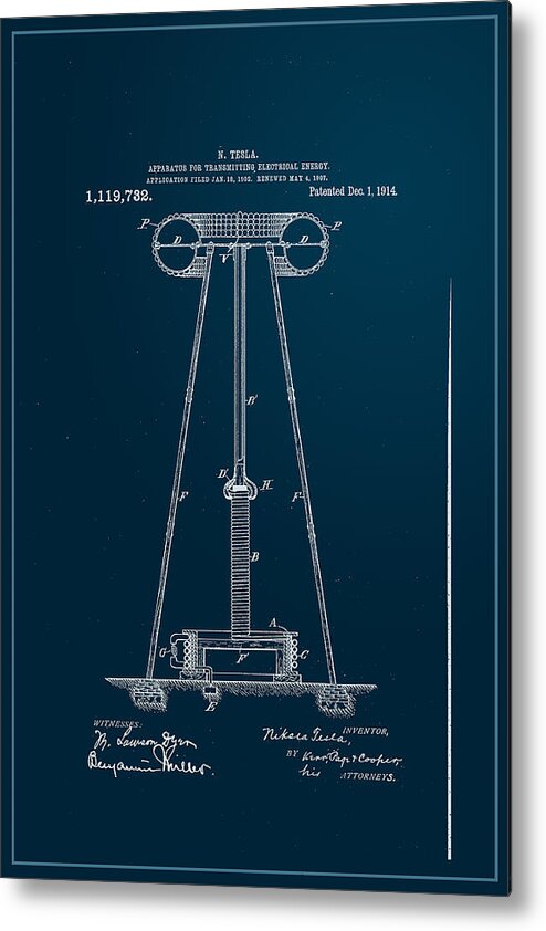 Wright Metal Print featuring the digital art Nikola Tesla's Transmitter Patent 1914 by Paulette B Wright