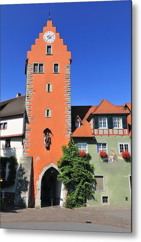 Meersburg Metal Print featuring the photograph Orange tower and blue sky - City gate in Meersburg Germany by Matthias Hauser