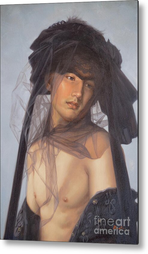 Original. Art Metal Print featuring the painting Original Oil Painting Man Body Art- Male Nude-053 by Hongtao Huang