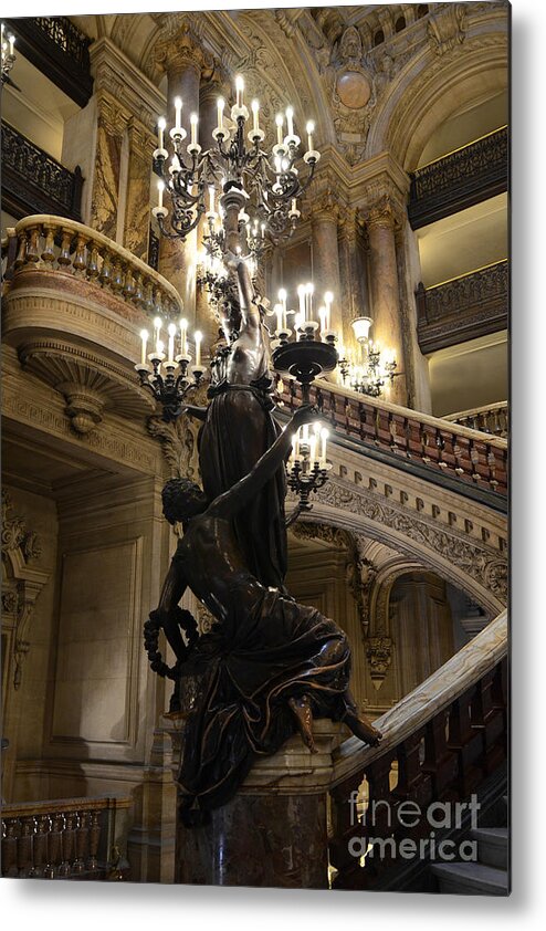 Paris Metal Print featuring the photograph Paris Opera House Grand Staircase and Chandeliers - Paris Opera Garnier Statues and Architecture by Kathy Fornal