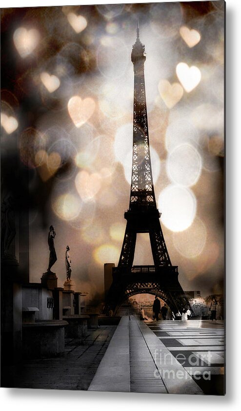 Eiffel Tower Metal Print featuring the photograph Paris Surreal Fantasy Sepia Black Eiffel Tower Bokeh Hearts and Circles - Paris Eiffel Tower Hearts by Kathy Fornal