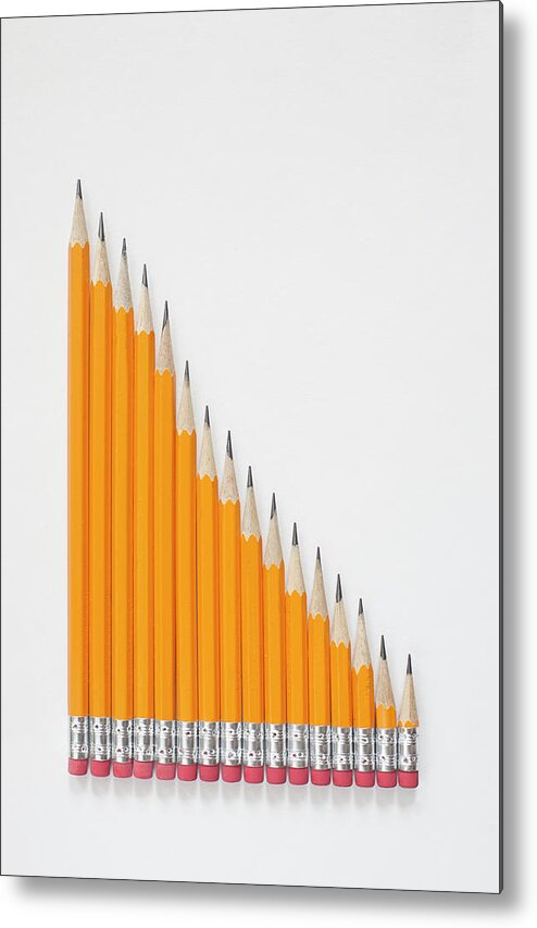 White Background Metal Print featuring the photograph Pencils Sharpened Into Declining Scale by Chris Parsons