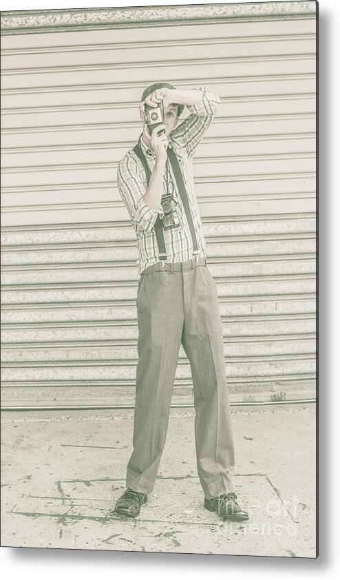 Camera Metal Print featuring the photograph Photojournalist with a retro camera by Jorgo Photography