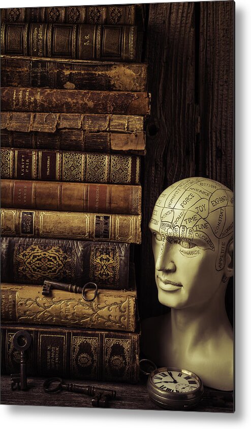 Phrenology Metal Print featuring the photograph Phrenology Head And Old Books by Garry Gay