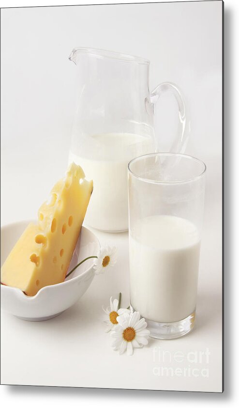 Bowl Metal Print featuring the photograph Pitcher and glass of milk with cheese by Sandra Cunningham