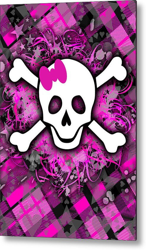 Pink Bow Metal Print featuring the digital art Plaid Girly Skull by Roseanne Jones
