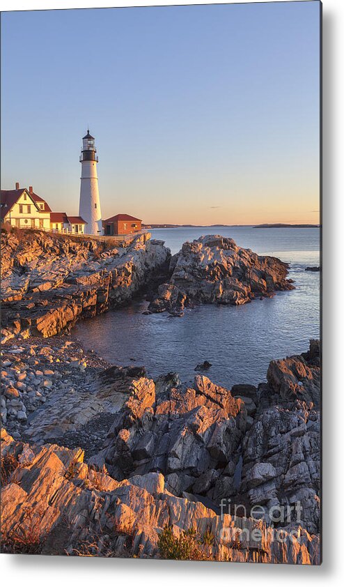 Cape Elizabeth Metal Print featuring the photograph Portland Head light lighthouse at sunrise Maine by Ken Brown