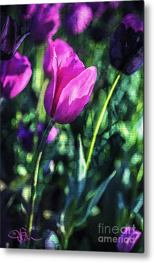 Tulips Metal Print featuring the painting Purple and PInk Tulip Companions by Jani Bryson
