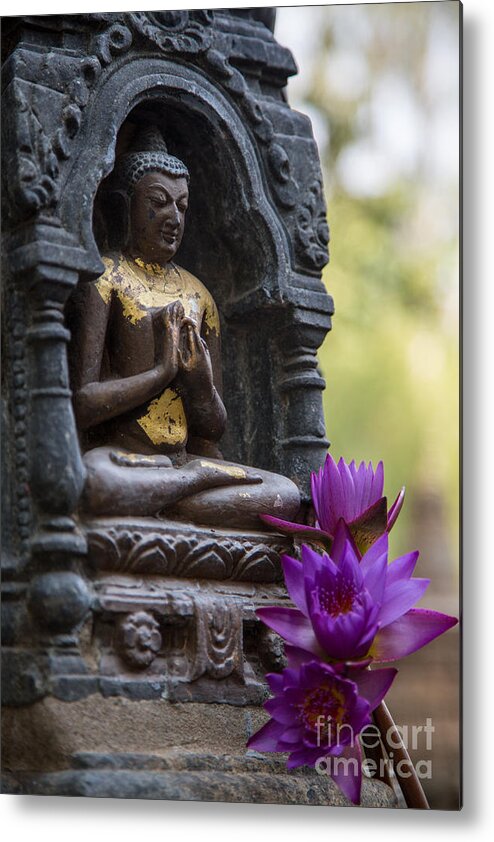 Buddha Statue Metal Print featuring the photograph Purple Flowers for Buddha by Mindah-Lee Kumar