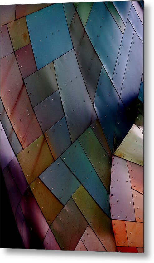 Blue Green Orange Yellow Lime Pink Red Purple Violet Shingles Copper Experience Music Project Seattle Wa Metal Print featuring the photograph Rainbow Shingles by Holly Blunkall