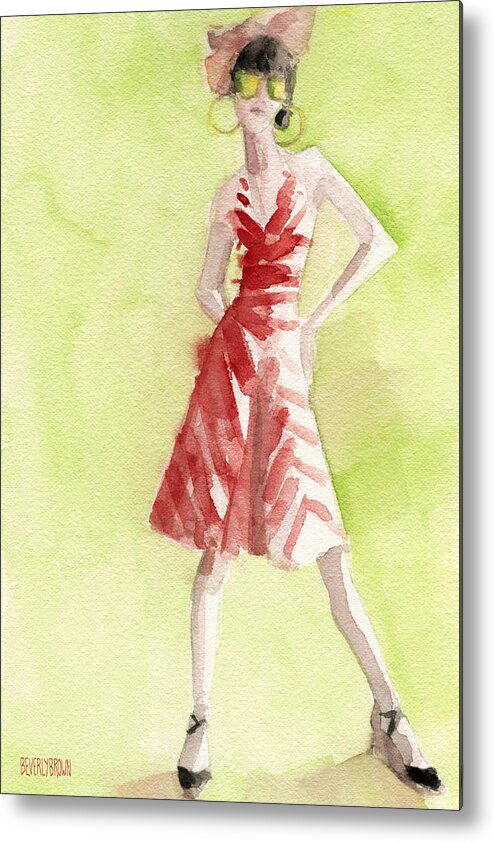 Fashion Metal Print featuring the painting Red and White Striped Dress Fashion Illustration Art Print by Beverly Brown Prints