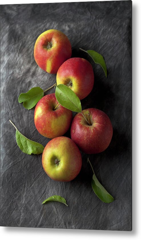 Five Objects Metal Print featuring the photograph Red Apples With Leaves On Black by Westend61