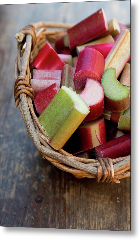 Wood Metal Print featuring the photograph Rhubarb In Wooden Basket, Close Up by Westend61