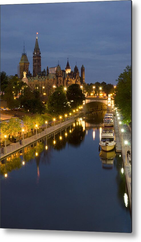 Pixels Metal Print featuring the photograph Rideau Canal and the Parliament Buildings at Night by Rob Huntley