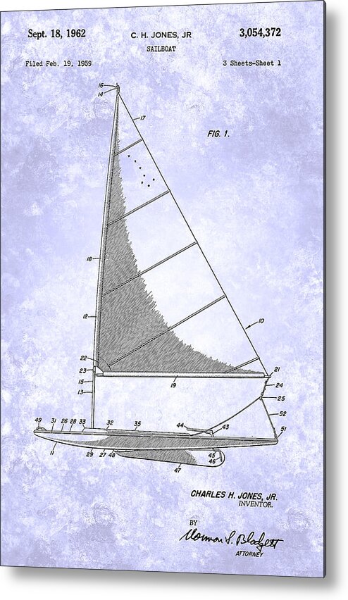 Sailboat Patent From 1962 Metal Print featuring the painting Sailboat Patent From 1962 by Celestial Images