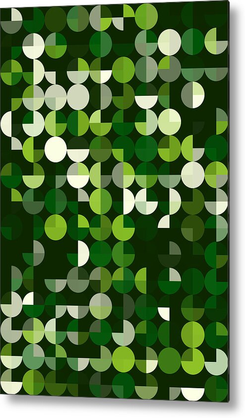 Abstract; Spotted; Design; Clip Art; Digitally Generated Image; Pattern; Background; Vector; No People; Illustration And Painting; Simplicity; Color Image; Computer Graphic; Circle; Round; Geometric; Geometric Shape; Decoration; Wallpaper Pattern; Shape; Geometric Pattern; Dark; Retro; Vintage; Green; White; Vertical; Pie; Black Background Metal Print featuring the digital art Salad Geometric Circle Pie Vertical Pattern by Frank Ramspott