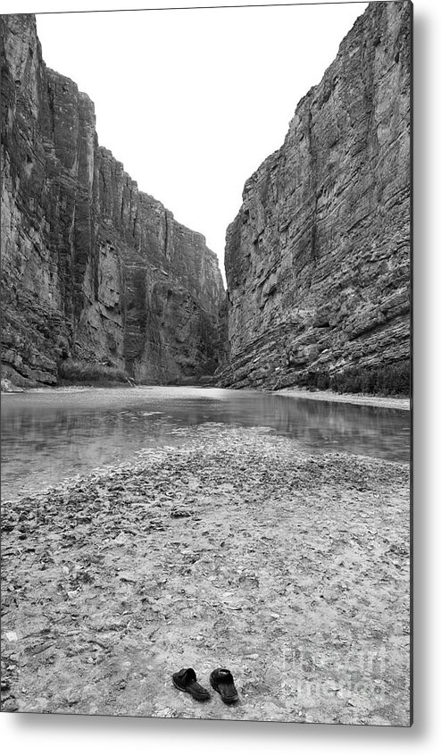 Big Bend National Park Metal Print featuring the photograph Sandals in Santa Elena Canyon Big Bend National Park Texas Black and White by Shawn O'Brien