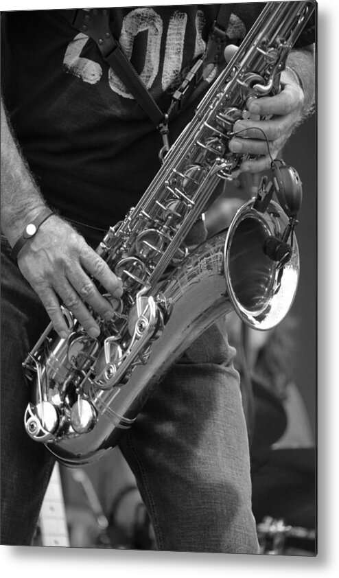 Saxophone Metal Print featuring the photograph Sax player BW by Andy Lawless
