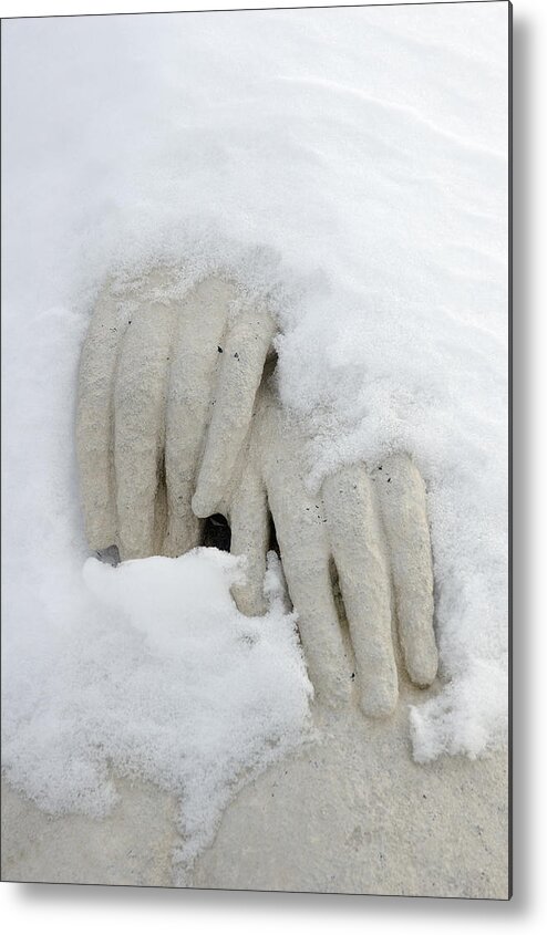 Snow Metal Print featuring the photograph Snow covered hands of a statue by Matthias Hauser