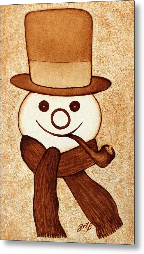 Abstract Snowman Metal Print featuring the painting Snowman with pipe and topper original coffee painting by Georgeta Blanaru