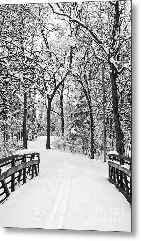 Snowy Bridge Photograph Metal Print featuring the photograph Snowy Walkway by Terri Morris