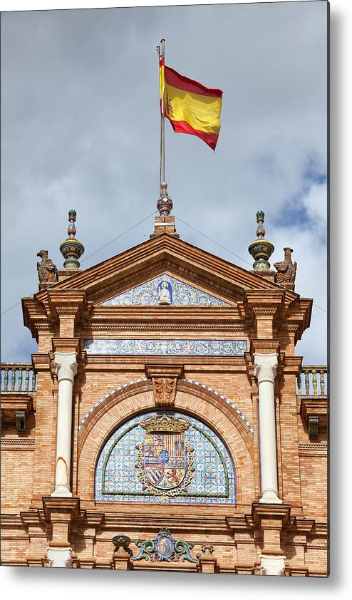 Spanish Metal Print featuring the photograph Spanish Flag and Crest on Plaza de Espana Pavilion in Seville by Artur Bogacki