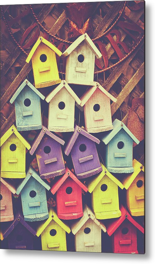 Purple Metal Print featuring the photograph Stack Of Birdhouses by Julia Goss