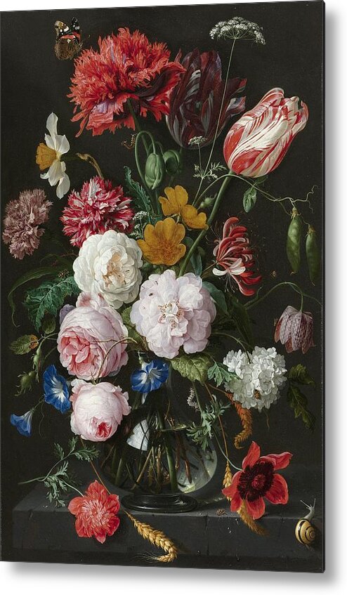 Flowers In Vase Metal Print featuring the painting Still Life With Flowers in Glass Vase by Jan Davidsz de Heem