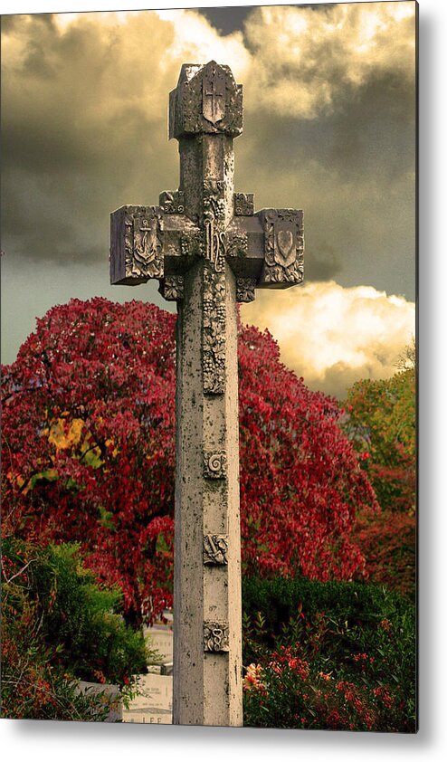 Cross Metal Print featuring the photograph Stone Cross in Fall Garden by Lesa Fine
