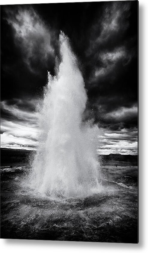 Strokkur Metal Print featuring the photograph Strokkur geyser Iceland black and white by Matthias Hauser