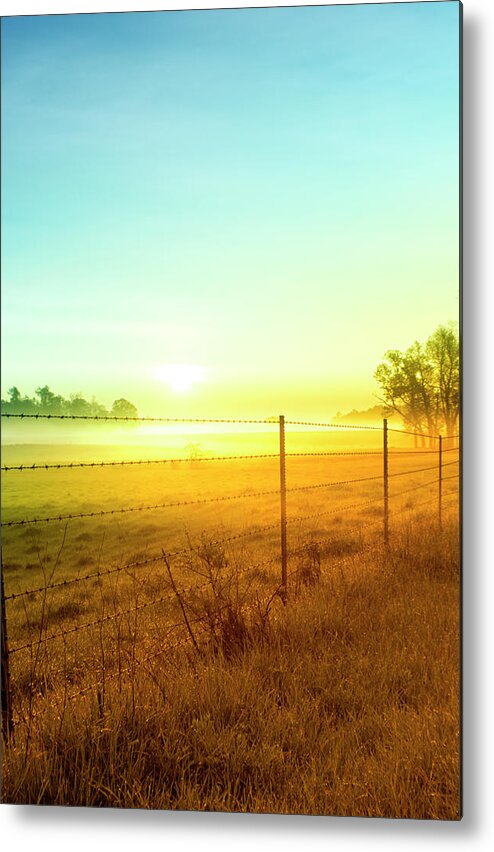 Tranquility Metal Print featuring the photograph Sunrise Fence Line Central Indiana by Michael Huddleston / Artsyfartsytbarn