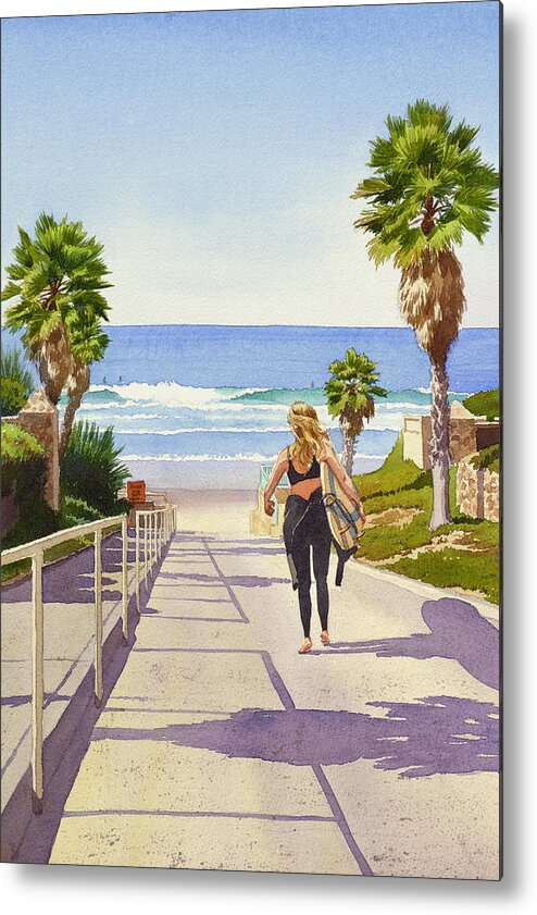 Surfer Metal Print featuring the painting Surfer Girl at Fletcher Cove by Mary Helmreich