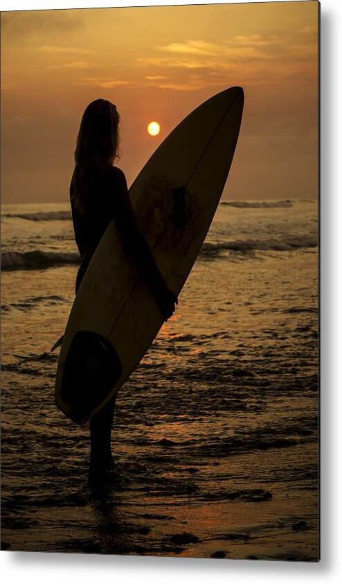 Photography Metal Print featuring the photograph Surfer Girl Sunset Silhouette by Lee Kirchhevel